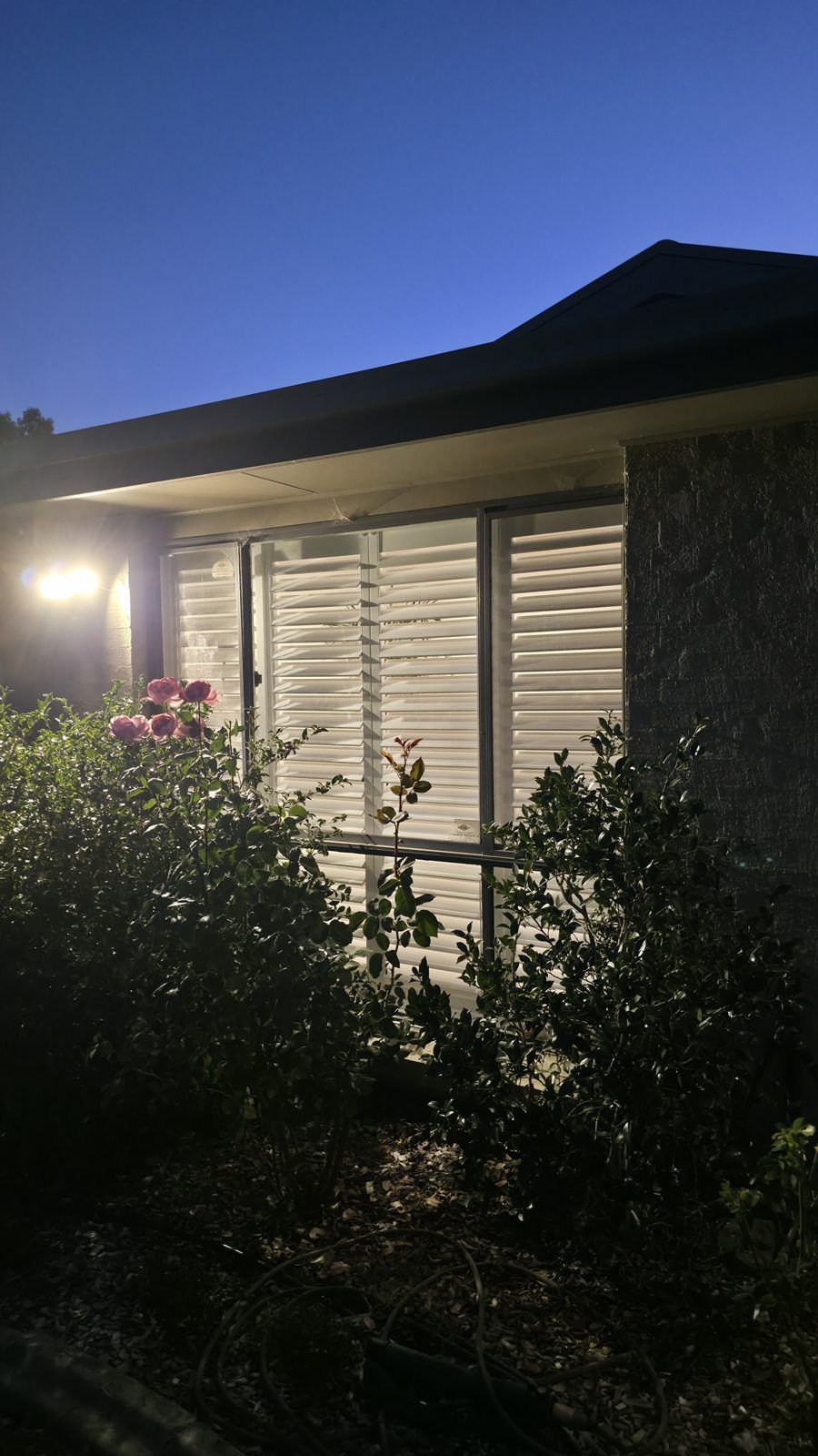 Plantation shutters glowing from inside a Canberra home at dusk