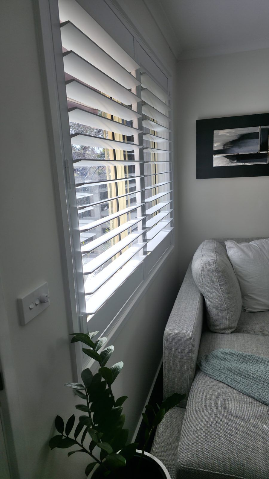 Afternoon sunlight filtering through angled plantation shutter louvres